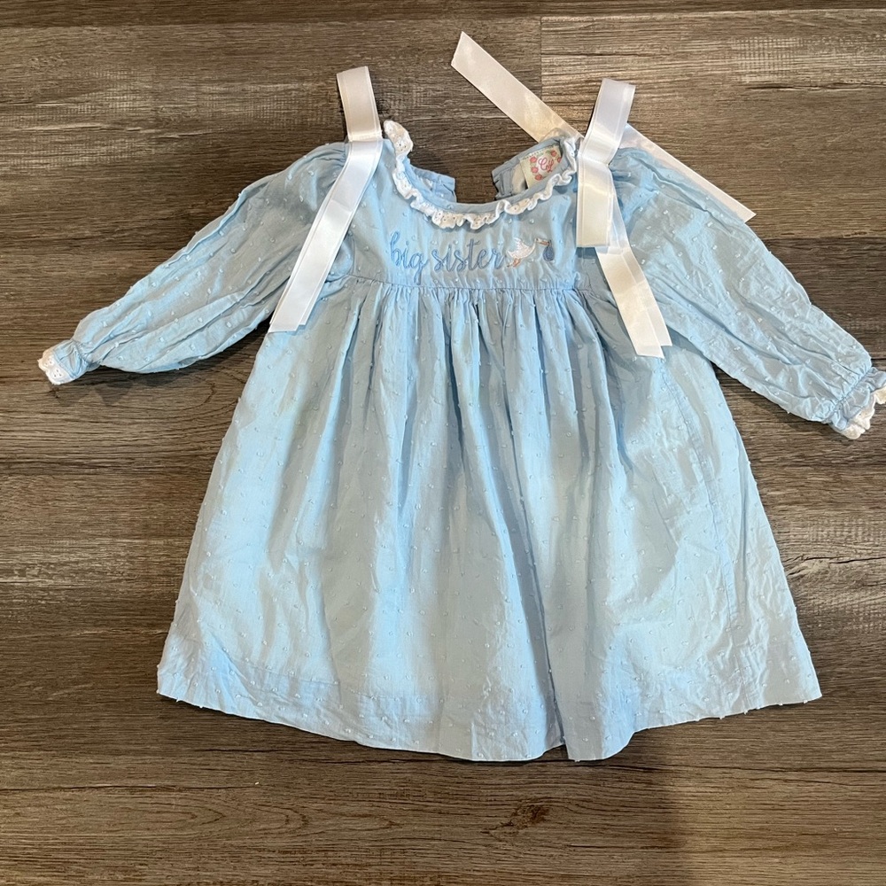 Charming Light Blue Kids Dress with White Accents. Big sister smocked.